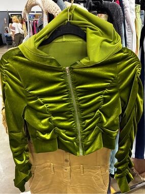 Fab hooded acid green shiny velvet shirred cropped zip jacket. Sz S. Love this.